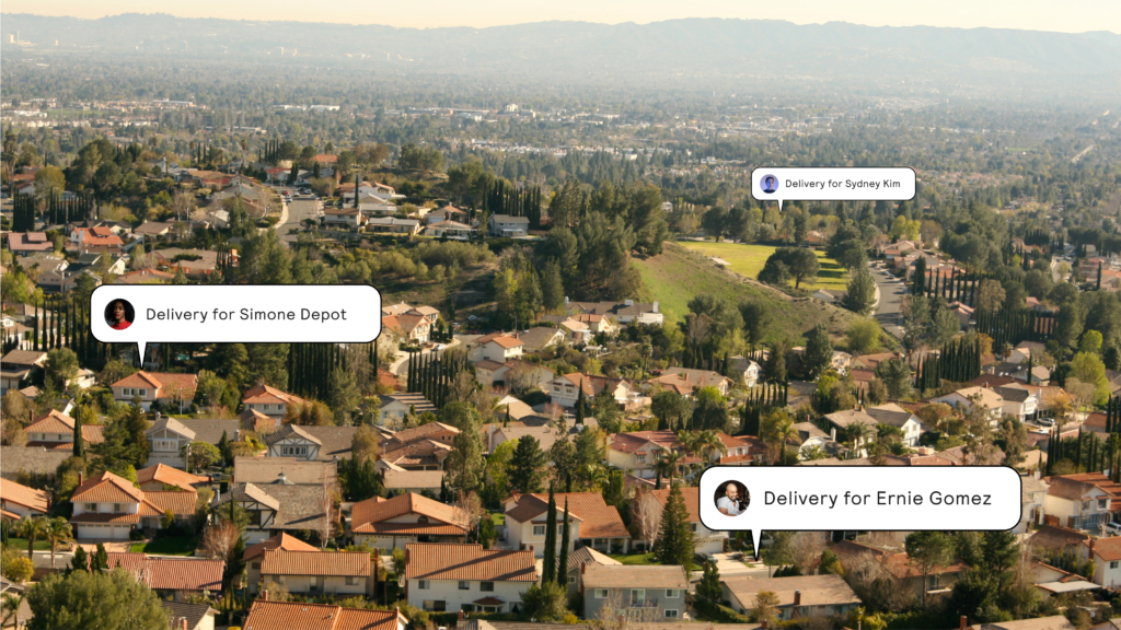 a photo of a neighborhood with delivery markers showing drivers heading to different houses, illustrating how food delivered and grocery delivery apps work across cities