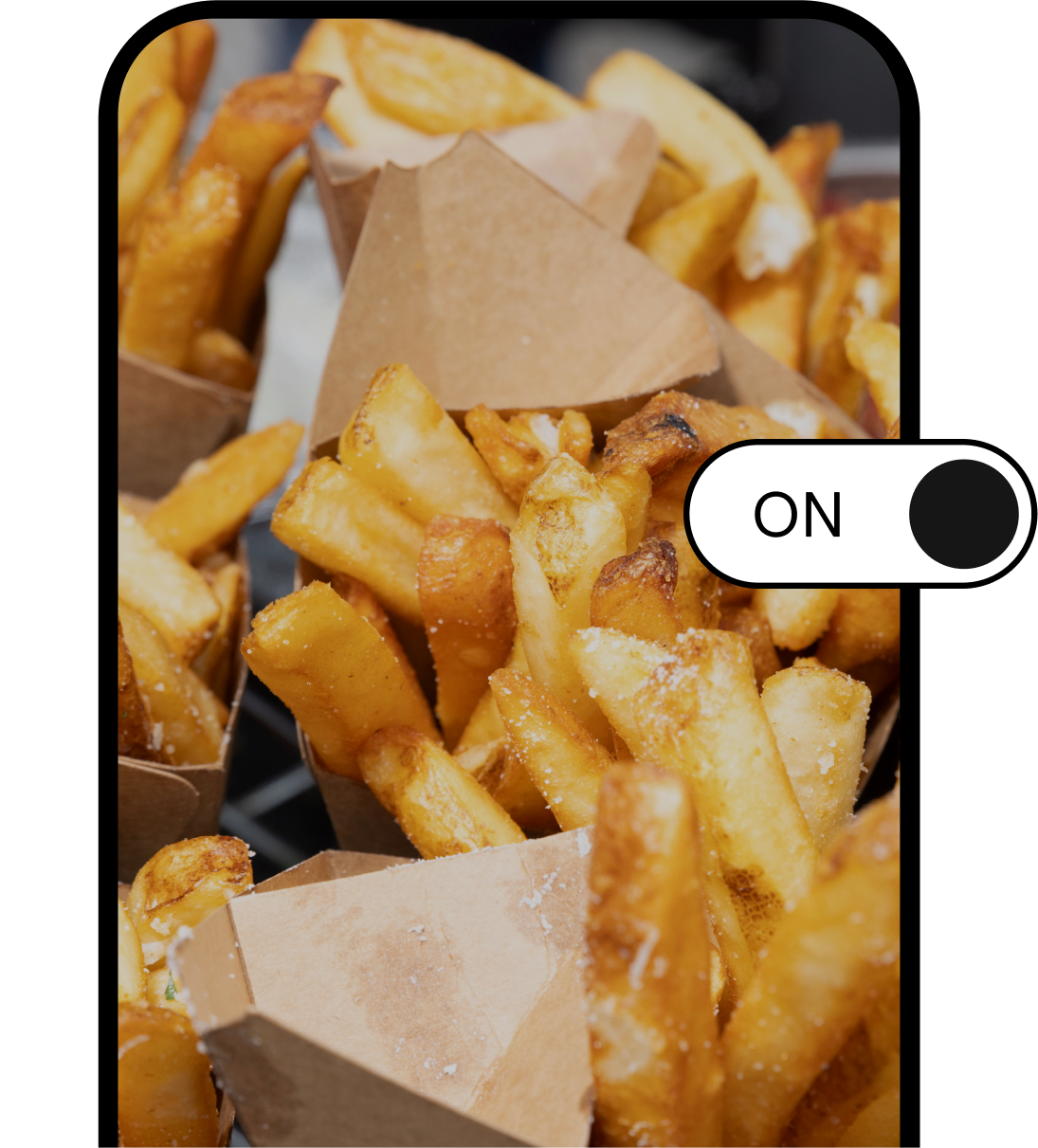 A mobile phone. On screen is a photograph of french fries, and a toggle switch for profit protector is in the "on" position.