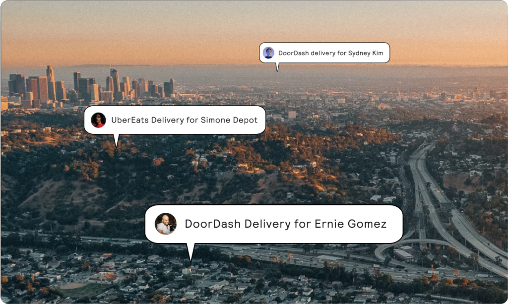 Image of city skyline with text above showing multiple deliveries in progress