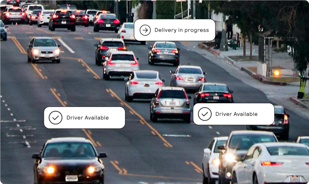 Image of cars on a freeway with text noting that drivers are available