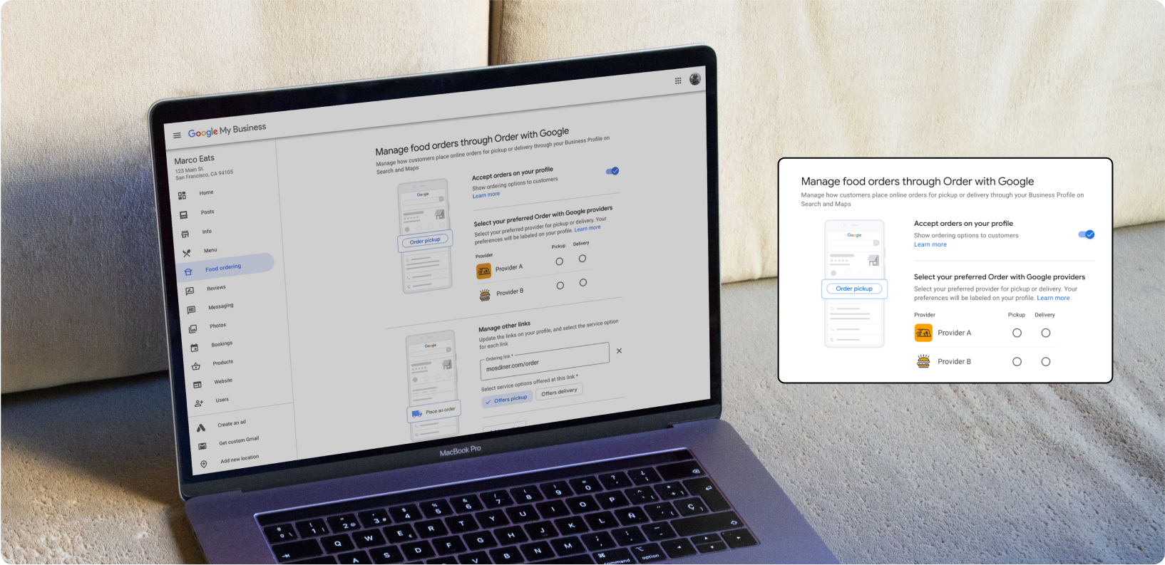 Laptop desktop showing how to set a preferred ordering partner on Google