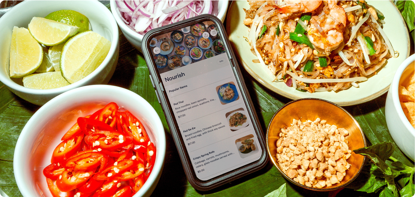 Restaurant menu for Nourish Thai on phone screen