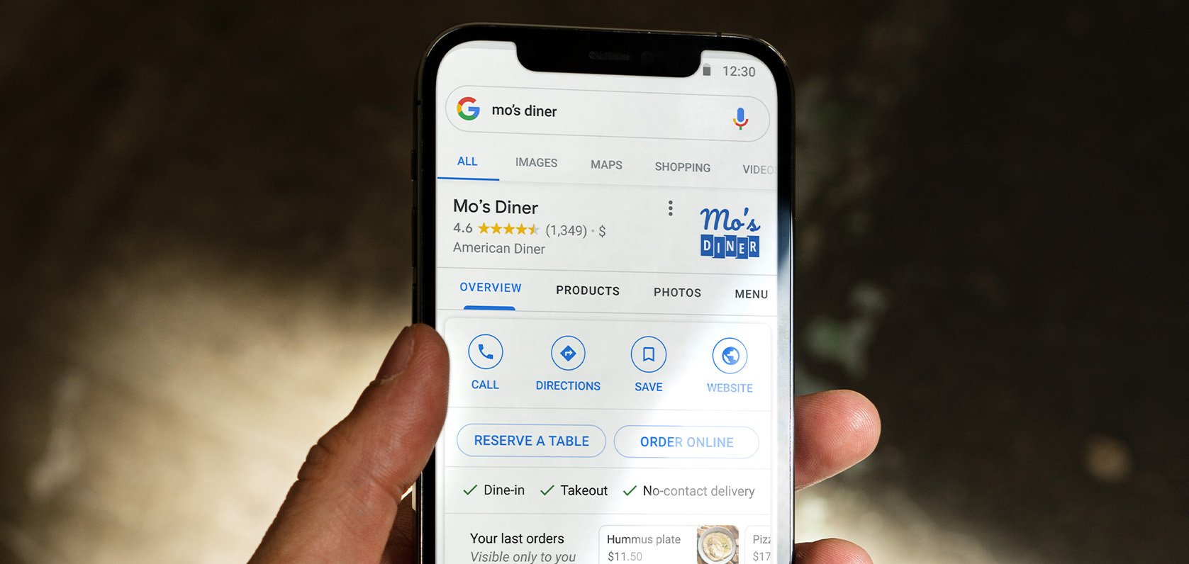 Google Online Ordering button in a cell phone internet browser