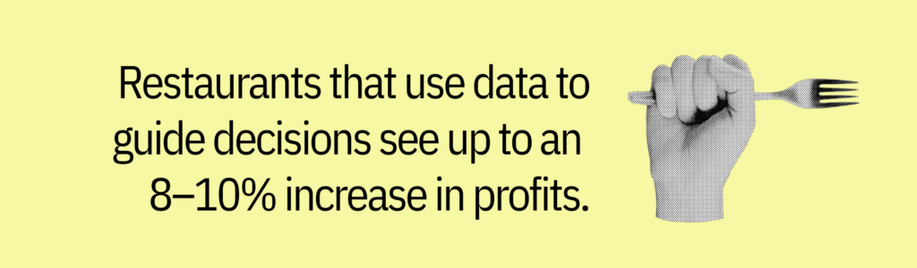 Highlight card with hand holding fork and text saying: Restaurants that use data to guide decisions see up to an 8–10% increase in profits.