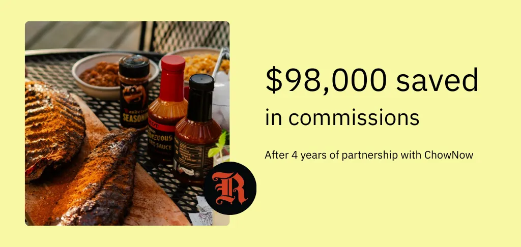 Smoked ribs and barbecue sauces on a table beside text reading ‘$98,000 saved in commissions after 4 years of partnership with ChowNow,’ with a circular ‘R’ logo.