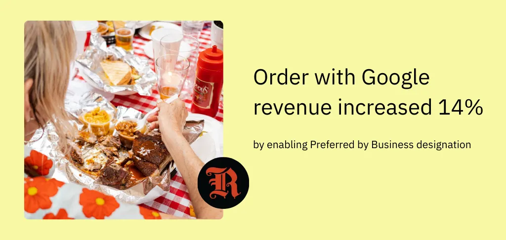 Person eating barbecue at a red-and-white checkered table beside text reading ‘Order with Google revenue increased 14% by enabling Preferred by Business designation,’ with a circular ‘R’ logo.