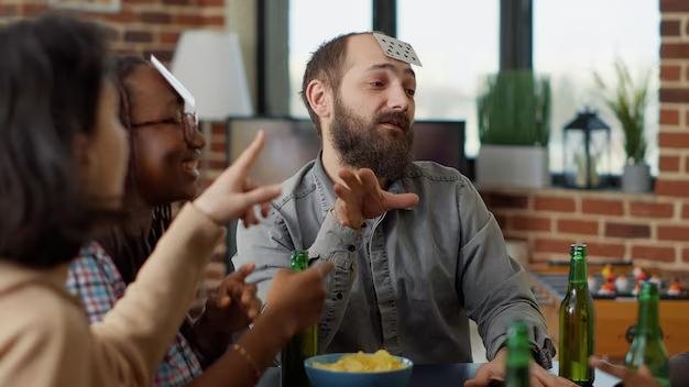 person playing game with card on his head