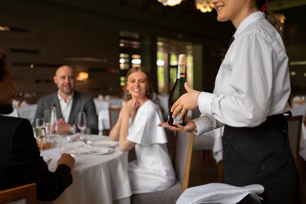 server delivering wine to table with customers