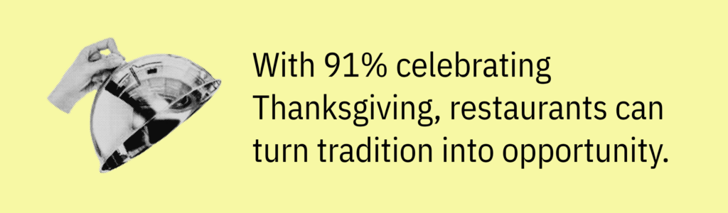 Highlight card with a hand lifting a serving tray graphic and text saying: “With 91% celebrating Thanksgiving, restaurants can turn tradition into opportunity.”