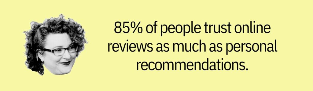 Highlight card with woman’s face graphic and text saying: “85% of people trust online reviews as much as personal recommendations.”