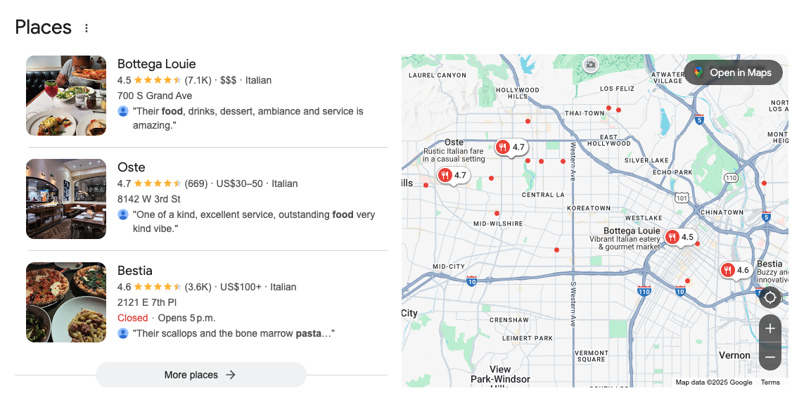 screenshot of google's top results for 'best Italian restaurant in LA'