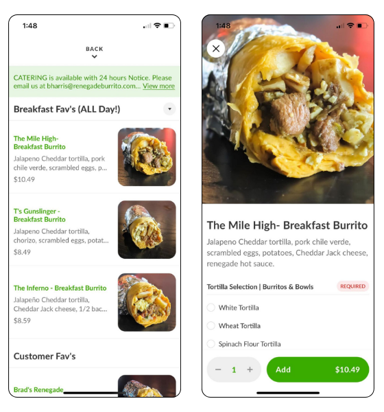 screenshots of restaurant app menu