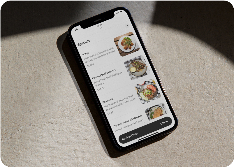 restaurant menu app open on phone