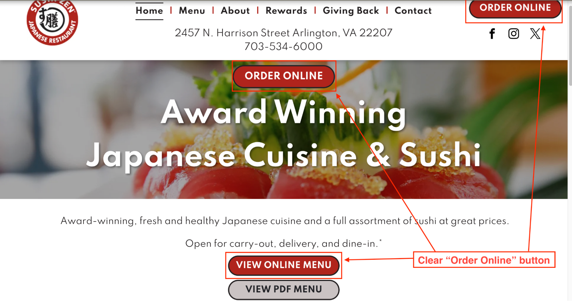 restaurant website screenshot showing clear online ordering buttons
