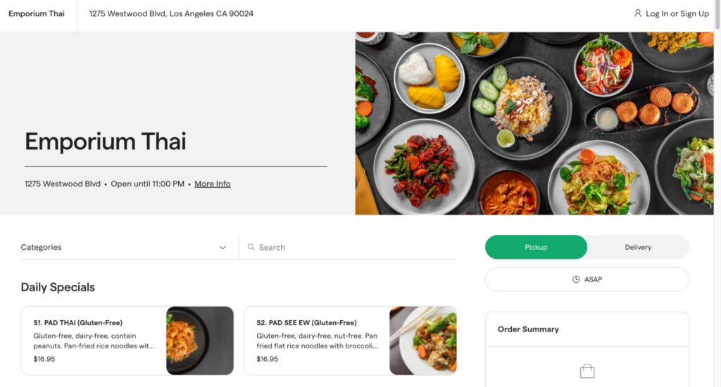 screenshot of Emporium Thai’s online ordering site