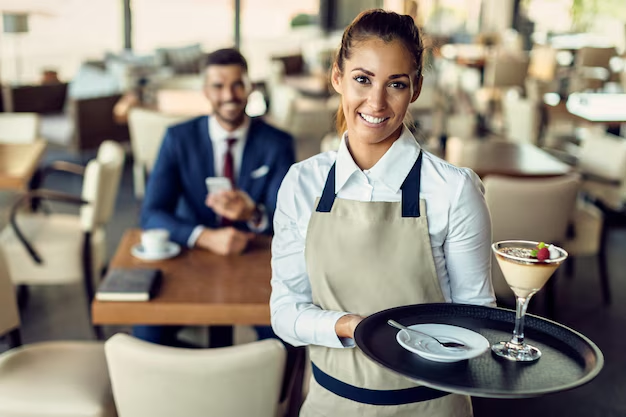 server smiling holding tray with drink