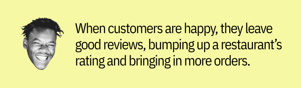 Highlight card with a smiling man’s face and text saying: “When customers are happy, they leave good reviews, bumping up a restaurant’s rating and bringing in more orders.”