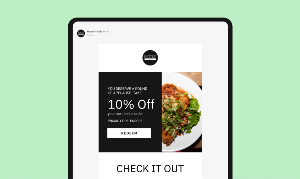 Promotional email displayed on a tablet, illustrating how email marketing helps new restaurants stay connected with customers outside social media