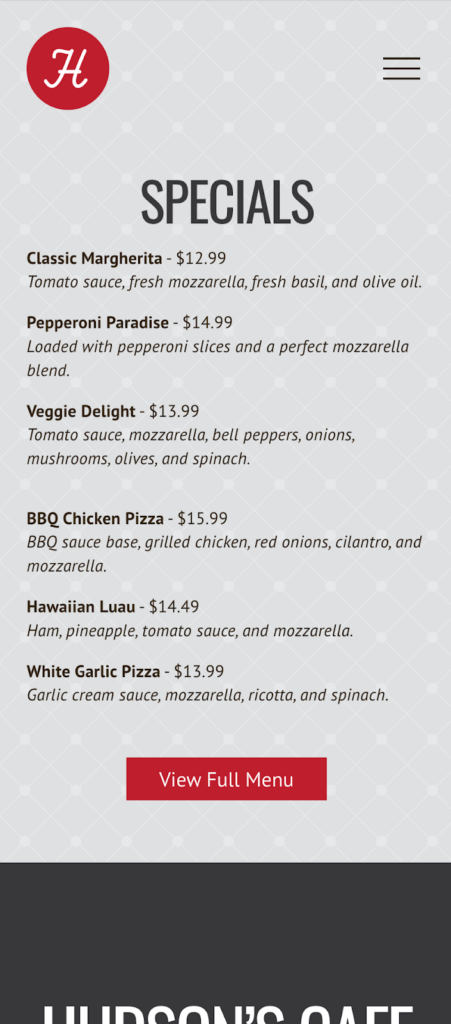 restaurant website menu example on mobile