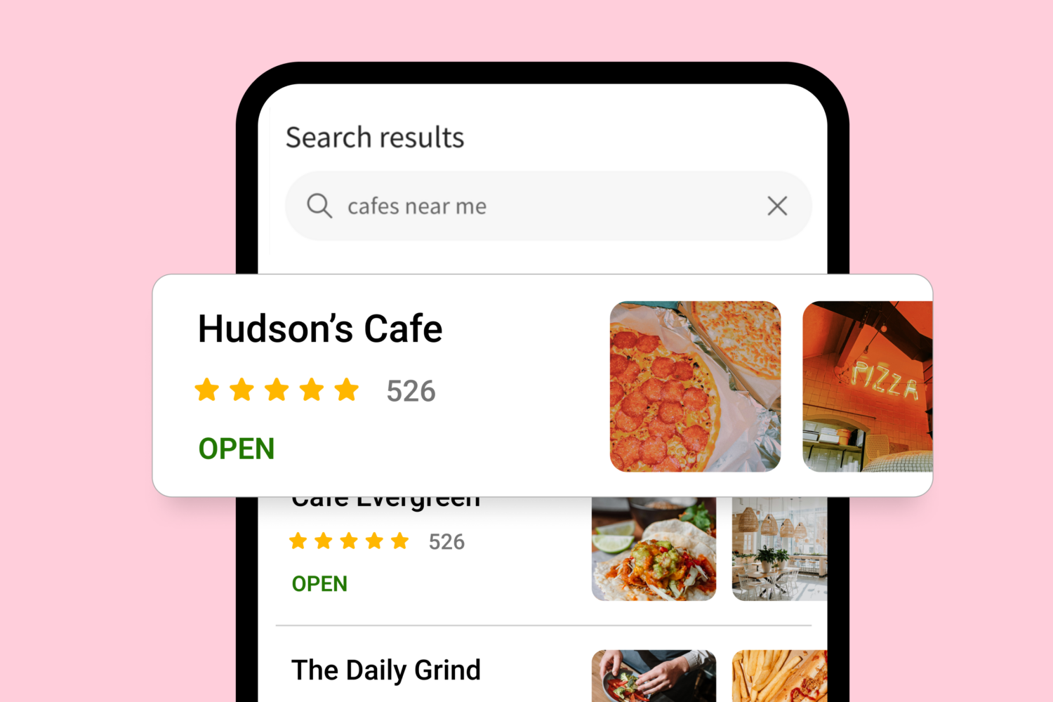 Mobile search results showing a highly rated restaurant listing with open status and visual previews.