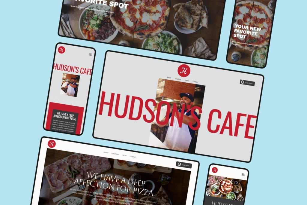 ChowNow Branded Restaurant Website for Hudson’s Cafe shown on desktop and mobile with custom logo, colors, and food photography.