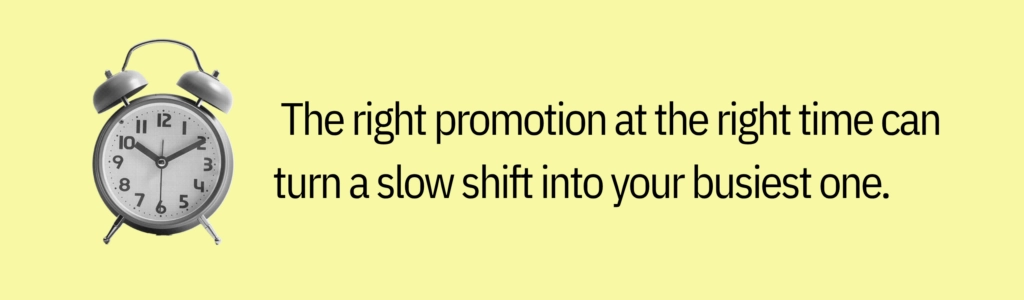 Yellow graphic with clock icon and text that says, “The right promotion at the right time can turn a slow shift into your busiest one.”