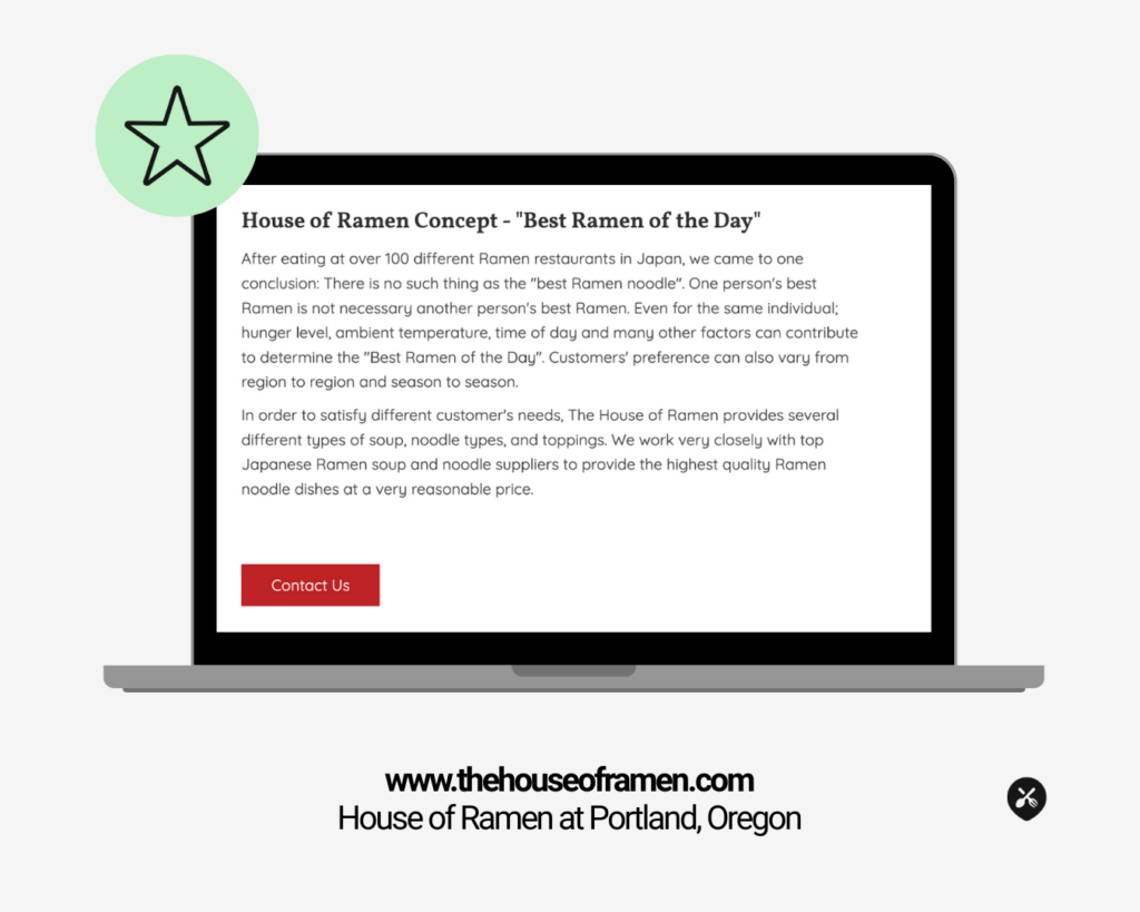 Infographic showing House of Ramen’s About Us page on a laptop screen with text about their “Best Ramen of the Day” concept. Website: www.thehouseoframen.com . Location: Portland, Oregon