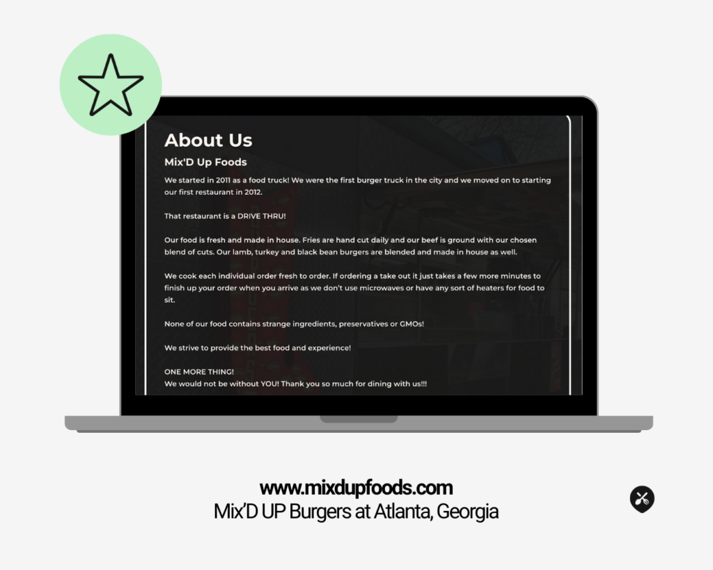 Infographic showing Mix’D Up Foods’ About Us page on a laptop screen with text about their food truck origins, drive-thru restaurant, and fresh, house-made burgers. Website: www.mixdupfoods.com . Location: Atlanta, Georgia.