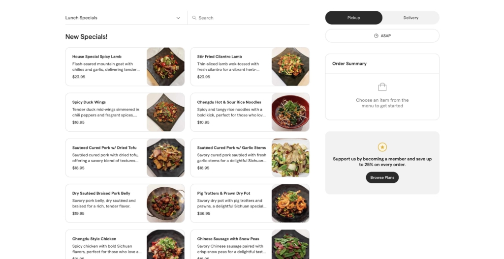screenshot of new specials on direct ordering page