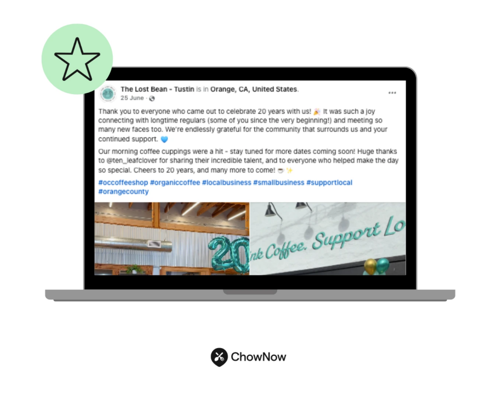 howNow-branded graphic showing a restaurant Facebook post on a laptop screen, with a star icon highlighting social media engagement.