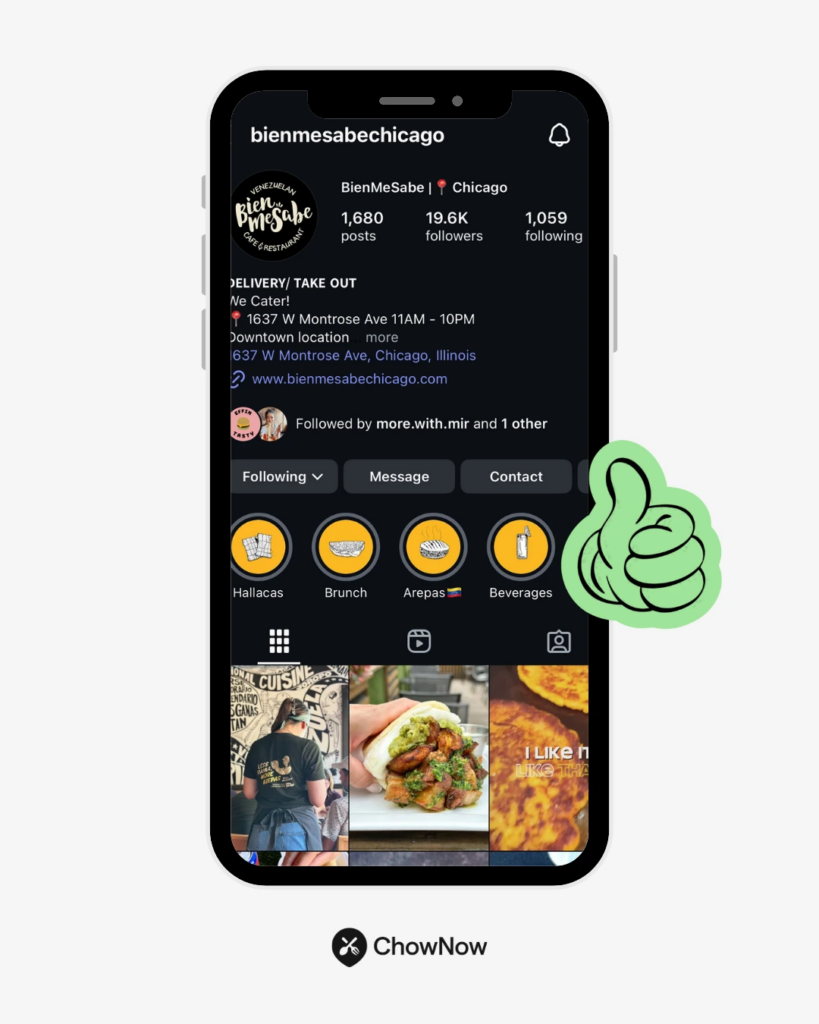 ChowNow-branded graphic showing a restaurant Instagram profile on a phone screen, with a thumbs-up icon highlighting social media presence.