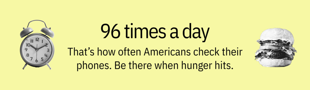 Highlight card that says &ldquo;96 times a day &ndash; that&rsquo;s how often Americans check their phones. Be there when hunger hits.&rdquo;