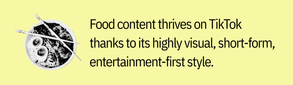Highlight card with plate of food graphic and text saying: “Food content thrives on TikTok thanks to its highly visual, short-form, entertainment-first style.”