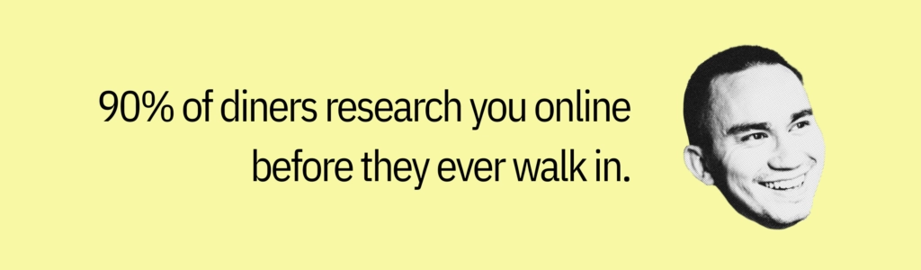 Highlight card with a smiling face graphic and text saying: “90% of diners research you online before they ever walk in.”