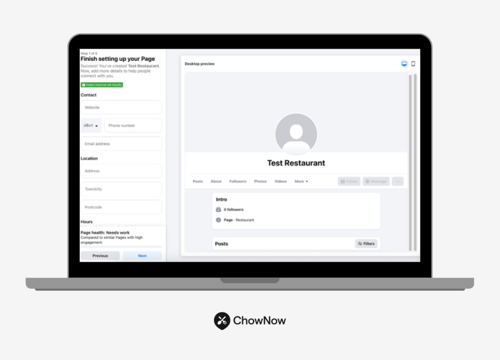 Screenshot of a test Facebook business profile page showing how to input key details like hours, location, and contact info for a restaurant.