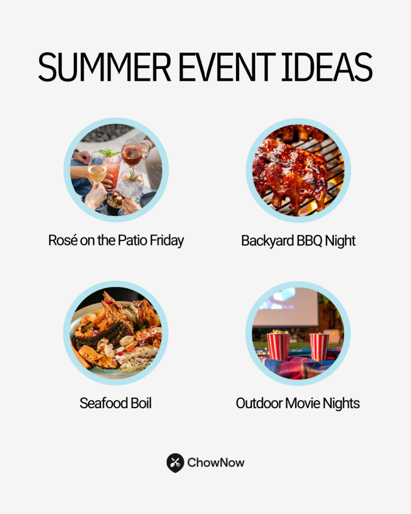 Infographic listing summer event ideas: Rosé on the Patio Friday, Backyard BBQ Night, Seafood Boil, Outdoor Movie Nights.