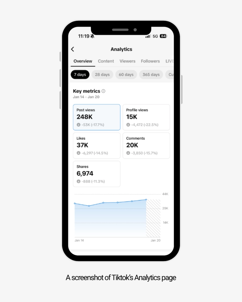 Infographic showing TikTok Analytics interface with metrics for video views, profile views, and engagement.