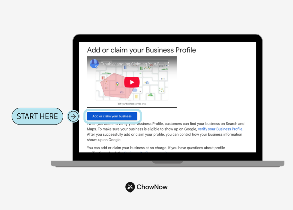 Screenshot of Google Business Profile setup page with button highlighted to add or claim business.