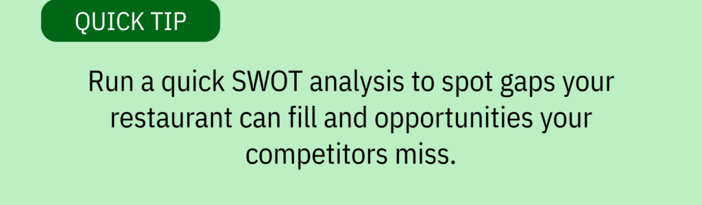 Quick tip card with green background and text saying: Run a quick SWOT analysis to spot gaps your restaurant can fill and opportunities your competitors miss.
