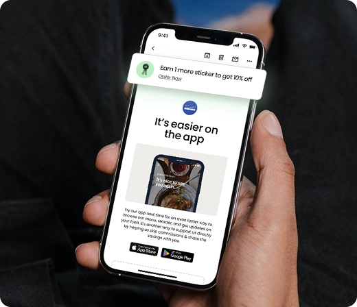 ChowNow Automated Email Marketing on a phone promoting app ordering with loyalty rewards and a discount offer.