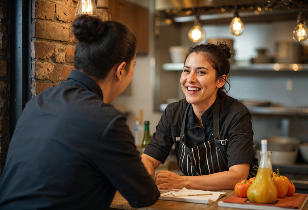 A photo of a smiling chef in a striped apron talking with a colleague in a warm restaurant kitchen decorated with pumpkins.