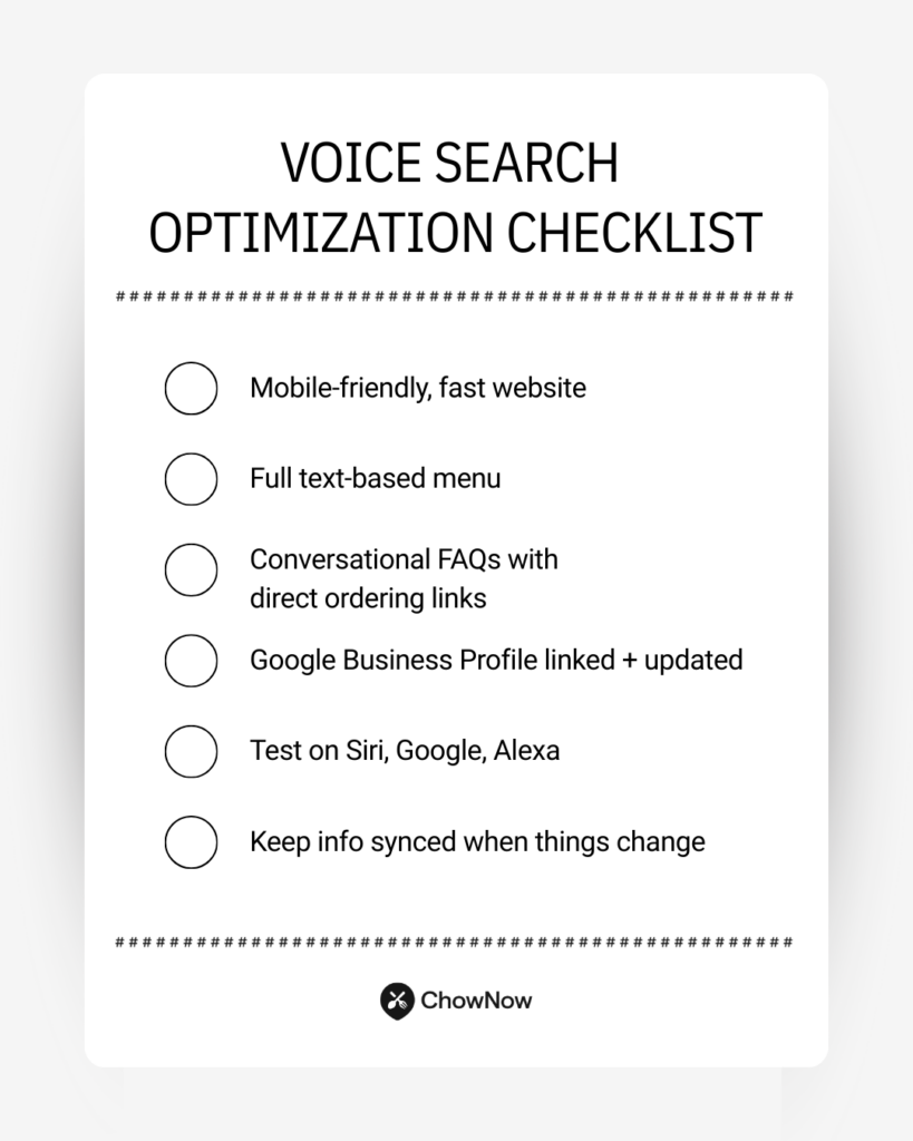 Infographic voice search optimization checklist with steps: mobile-friendly site, text-based menu, conversational FAQs, updated Google Business Profile, test devices, keep info synced.