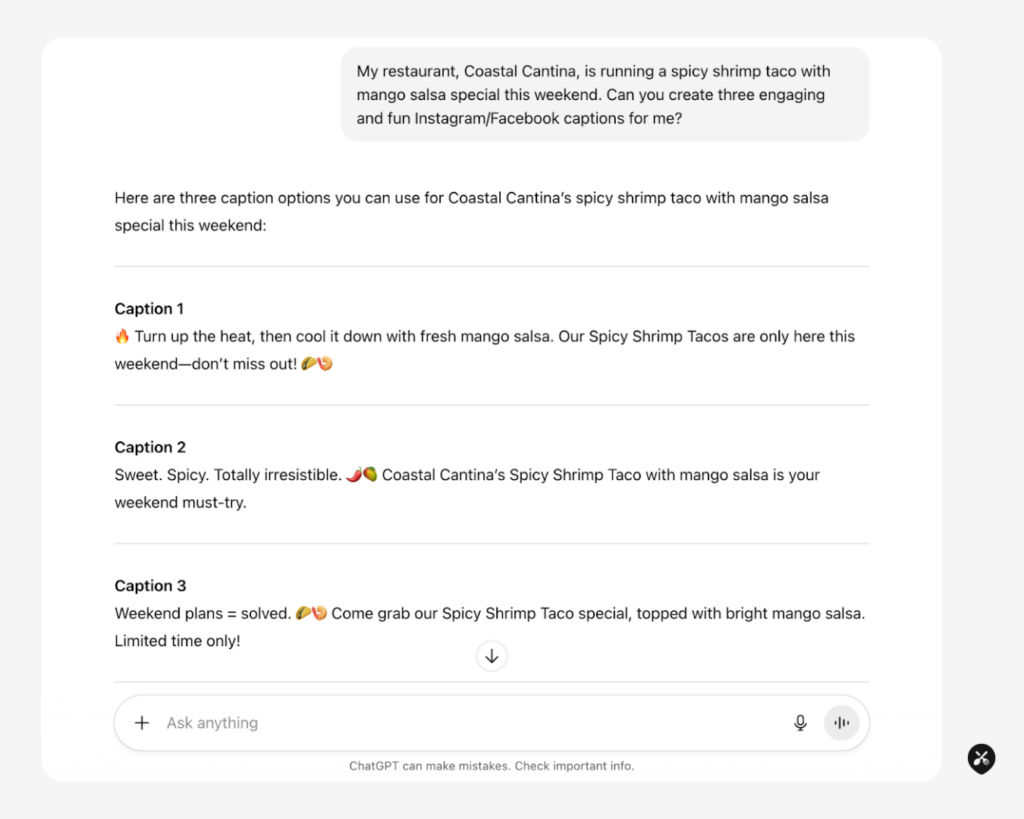 Infographic showing ChatGPT generating three Instagram captions for a restaurant&rsquo;s spicy shrimp taco special.