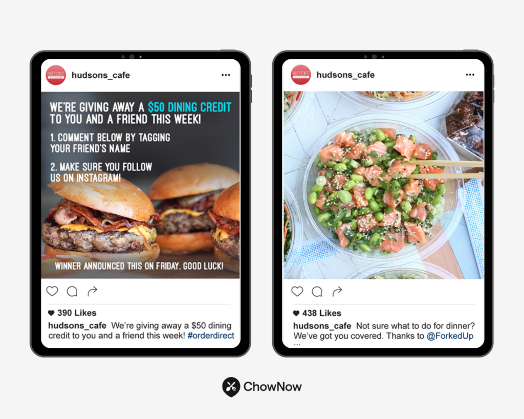 Two Instagram posts from Hudsons Cafe: a $50 dining credit giveaway post with burgers, and a food photo of a poke bowl with caption mentioning @ForkedUp.
