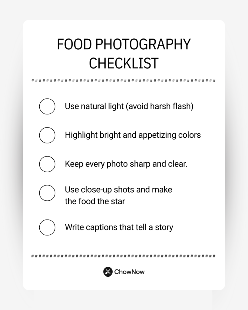 Infographic titled Food Photography Checklist with tips: use natural light, highlight bright colors, keep photos sharp, use close-ups, and write storytelling captions.