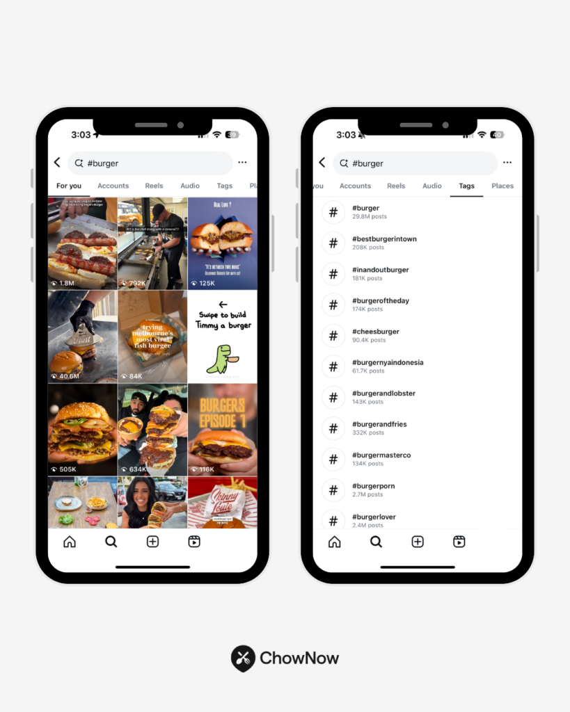 Infographic showing Instagram hashtag search results for #burger, with popular related hashtags like #bestburgerintown, #cheeseburger, and #burgerlover.
