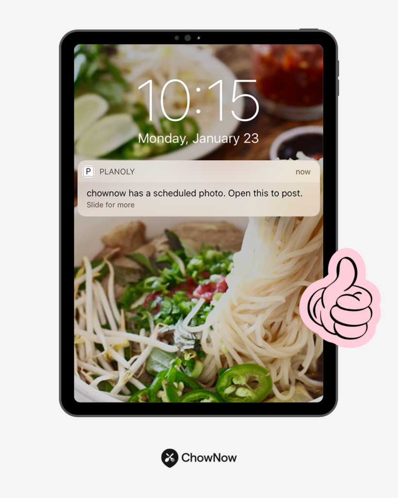 Infographic showing Planoly notification on a tablet reminding user to post a scheduled Instagram photo, with background of a noodle dish.