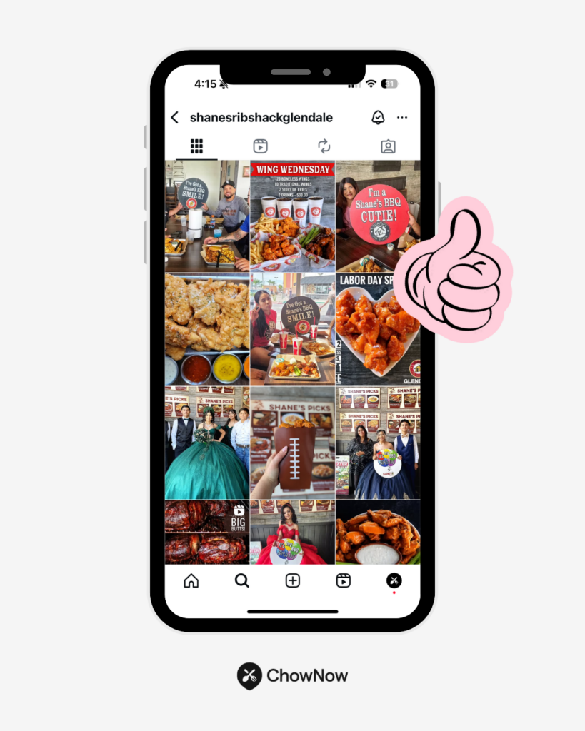 Screenshot of Shane’s Rib Shack Glendale Instagram feed showing customer photos, Wing Wednesday promotion, Labor Day specials, and branded content with a thumbs-up icon.