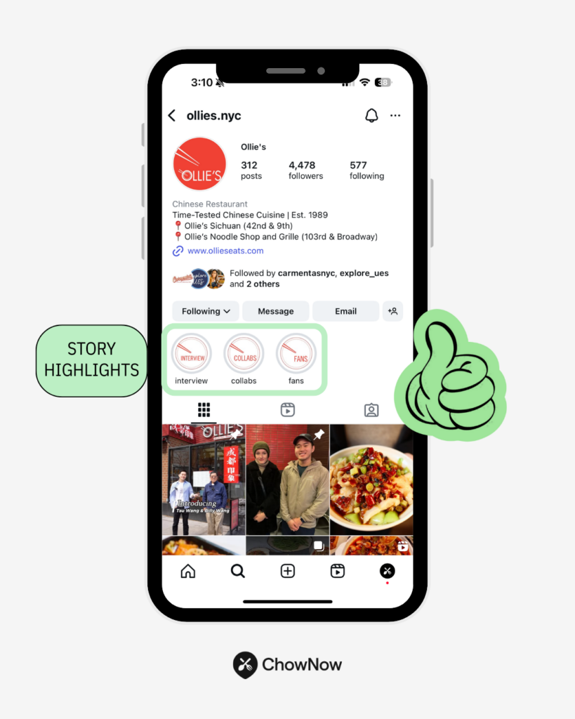 Infographic showing a restaurant Instagram profile with Story Highlights for interviews, collabs, and fans, with a thumbs-up icon
