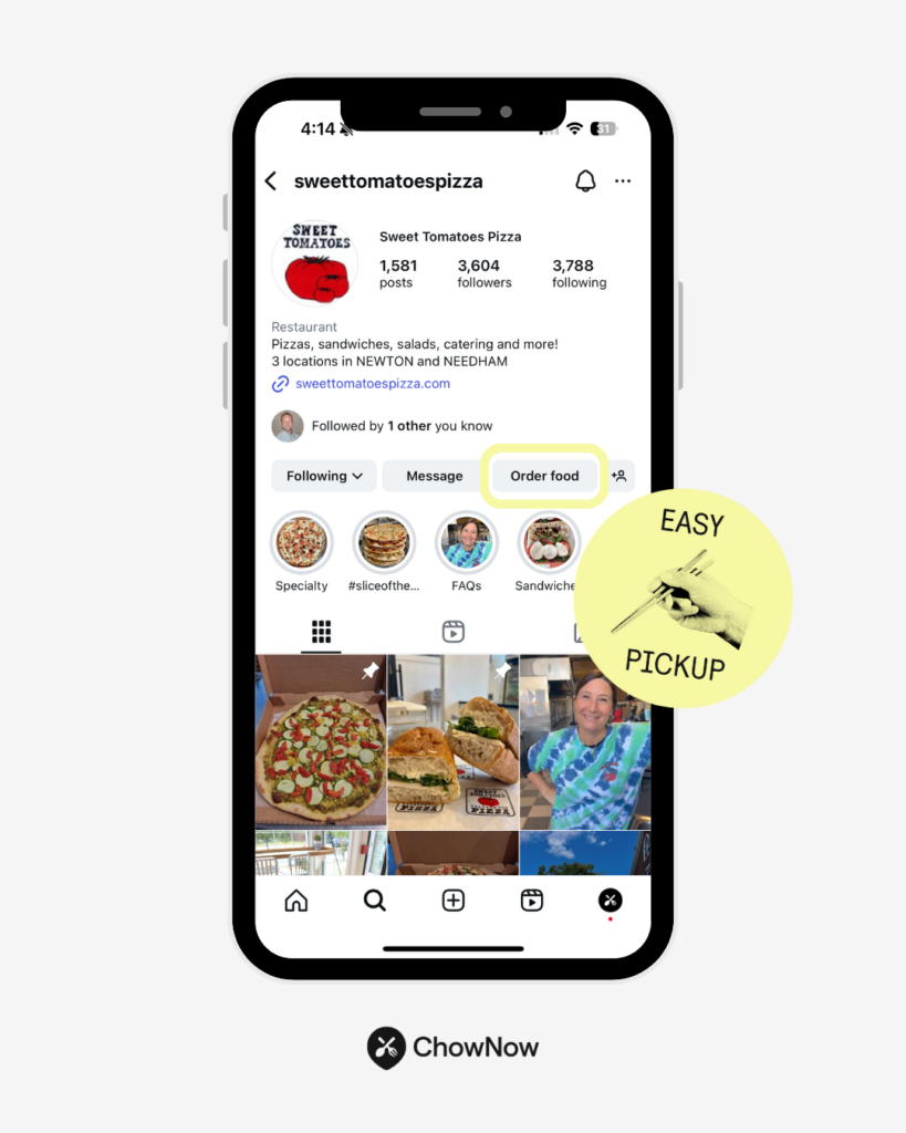 Screenshot of Sweet Tomatoes Pizza Instagram profile with Order Food button highlighted, bio, story highlights, and menu photos, with text Easy Pickup